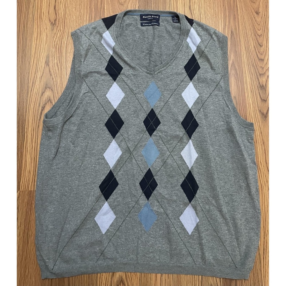 Austin Reed Sweater Vest Mens Large Argyle V Neck Cashmere Blend